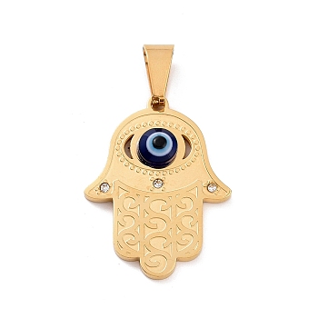 Ion Plating(IP) 304 Stainless Steel Pendants, with Resin and Crystal Rhinestone, Hamsa Hand with Evil Eye, Golden, 30x23x5mm, Hole: 4x8mm