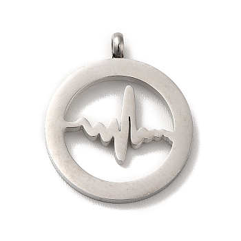 304 Stainless Steel Pendants, Flat Round with Heartbeat Charm, Stainless Steel Color, 17.5x15x3mm, Hole: 1mm