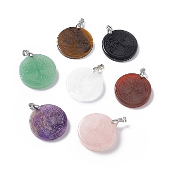 Natural Mixed Stone Pendants, Flat Round Charms with Tree of Life Pattern, with Rack Plating Platinum Tone Brass Findings, Cadmium Free & Lead Free, 30x4~8mm, Hole: 4x4mm