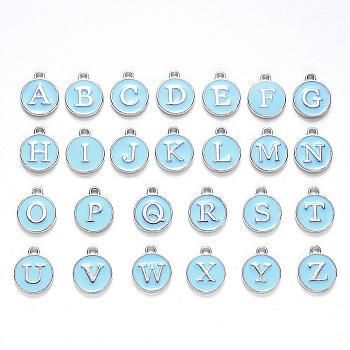 Initial Letter A~Z Alphabet Enamel Charms, Flat Round Disc Double Sided Charms, Platinum Plated Enamelled Sequins Alloy Charms, Light Sky Blue, 14x12x2mm, Hole: 1.5mm, 26pcs/set