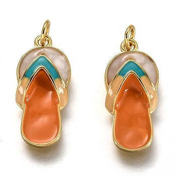 Brass Enamel Pendants, Long-Lasting Plated, Real 18K Gold Plated, with Jump Ring, Slipper, Orange, 18x8x3.7mm, Hole: 2.3mm