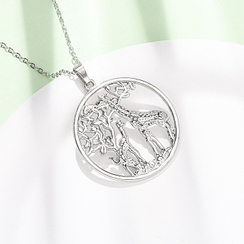 304 Stainless Steel Pendant Cable Chain Necklaces for Men Women, Stainless Steel Color, Tarnish Free, Ring with Giraffe, 17.99 inch(45.7cm), Pendants: 38x35mm