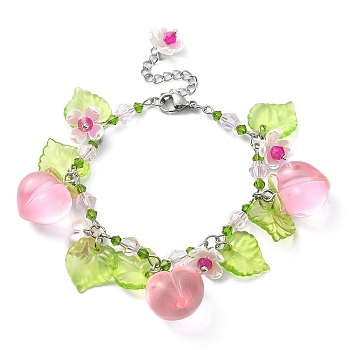 Glass & Resin & Acrylic Flower Charm Bracelet, 304 Stainless Steel Jewelry, Peach, 7-1/4 inch(18.5cm)
