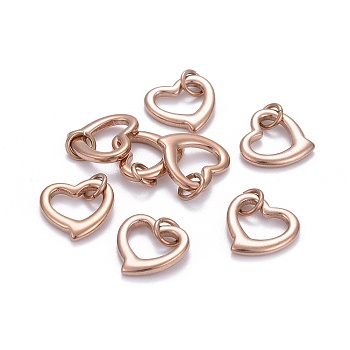 304 Stainless Steel Open Heart Charms, with Jump Ring, Rose Gold, 14x14x2mm, Hole: 4mm