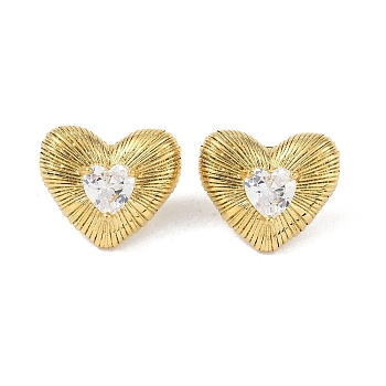 Heart 304 Stainless Steel Clear Cubic Zirconia Stud Earring for Women, Golden, 19.5x22.5mm