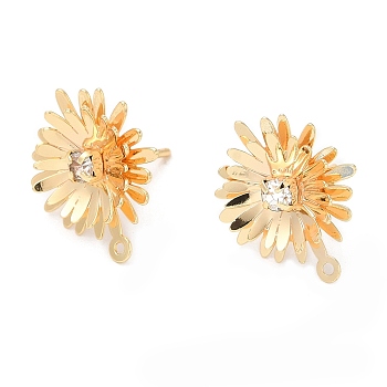 Brass with Glass Stud Earring Findings, Sunflower, with Horizontal Loop, Real 18K Gold Plated, 18.5x16mm, Hole: 1mm, Pin: 0.8mm