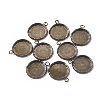 304 Stainless Steel Pendant Cabochon Settings, Plain Edge Bezel Cups, Flat Round, Antique Bronze, Tray: 14mm, 18.5x16x2mm, Hole: 2mm