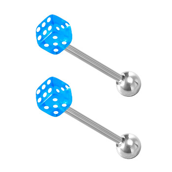 Dice 304 Stainless Steel & Acrylic Straight Barbell 15 Gauge Piercing Tongue Rings for Women Men, Stainless Steel Color, Deep Sky Blue, 16mm, Pin: 1.6mm