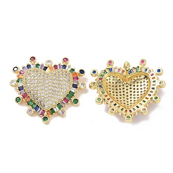 Brass Micro Pave Colorful Cubic Zirconia Pendants, Sacred Heart Charm, Real 18K Gold Plated, 33x35.5x9mm, Hole: 2x4mm