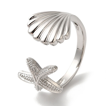 Starfish & Shell Shape Rack Plating Brass Open Cuff Finger Rings for Women, Long-Lasting Plated, Lead Free & Cadmium Free, Platinum, Inner Diameter: 15.5mm