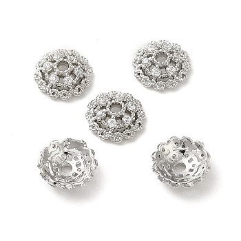 Rack Plating Brass Beads Caps, with Clear Cubic Zirconia, Long-Lasting Plated, Lead Free & Cadmium Free, Flower, Platinum, 6x6x2mm, Hole: 1mm