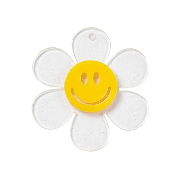 Transparent Acrylic Big Pendants, Sunflower with Smiling Face Charm, Clear, 55x50.5x6mm, Hole: 2.5mm