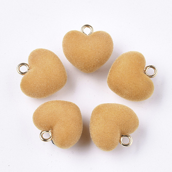 Flocky Acrylic Pendants, with Brass Loops, Heart, Golden, Goldenrod, 18.5x18x13mm, Hole: 2.5mm
