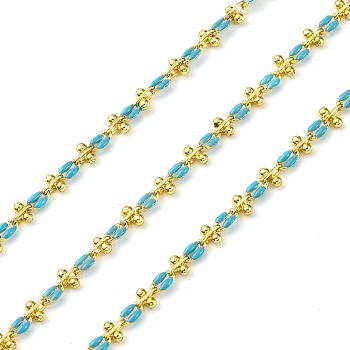 Brass Enamel Link Chains, wiht Spool, Long-Lasting Plated, Soldered, Lead Free & Cadmium Free, Deep Sky Blue, Links: 9x4.5x2mm