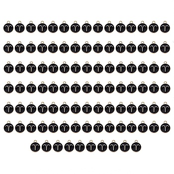 Alloy Enamel Pendants, Flat Round with Constellation, Light Gold, Black, Aries, 15x12x2mm, Hole: 1.5mm, 100pcs/Box