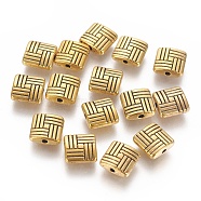Tibetan Style Alloy Square Carved Stripes Beads, Cadmium Free & Lead Free, Antique Golden, 8x8x3mm, Hole: 1mm(X-TIBEB-5602-AG-LF)