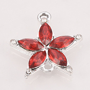 Alloy Links connectors, with Resin Rhinestones, Flower, Platinum, Red, 22x20x3mm, Hole: 1.5mm(PALLOY-T026-37P-06)