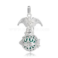 Silver Color Plated Brass Hollow Round Cage Pendants, with No Hole Spray Painted Brass Beads, Sea Green, 47x30x21mm, Hole: 3x8mm(KK-J248-07S)