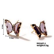 Crystal Butterfly Copper Stud Earrings, Fashion Luxury Ear Jewelry, Brown, Golden, 17x21mm(FB3429-1)