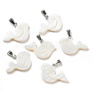 Natural Freshwater Shell Pendants, Whale Charms with Platinum Plated Alloy Snap on Bails, WhiteSmoke, 17x25x3mm, Hole: 5.5x2mm(PALLOY-Q462-04P)
