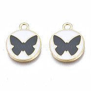 Alloy Enamel Pendants, Cadmium Free & Lead Free, Light Gold, Flat Round with Butterfly, Gray, 16x13.5x1.5mm, Hole: 1.8mm(PALLOY-S133-008B)
