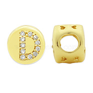 Brass Micro Pave Clear Cubic Zirconia Beads, Flat Round with Letter, Letter.D, 7.5x6.5mm, Hole: 3.5mm, 3pcs/bag(KK-T030-LA843-DX3)