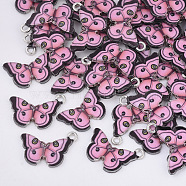 Printed Alloy Pendants, with Enamel, Butterfly, Platinum, Pink, 13.5x20x2mm, Hole: 1.6mm(PALLOY-R111-20)