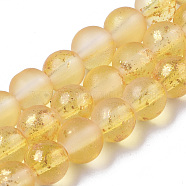 Frosted Spray Painted Glass Beads Strands, with Golden Foil, Round, Gold, 6~7mm, Hole: 1.2~1.5mm, about 65~67pcs/Strand, 14.76 inch~15.12 inch(37.5~38.4cm)(GLAA-N035-03B-C08)