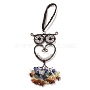 Wire Wrapped Brass Owl & Natural Rose Quartz Pendant Decoration, Braided Nylon Thread and Gemstone Chip Tassel Hanging Ornaments, 160~180mm(HJEW-C006-01D)