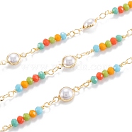 3.28 Feet Handmade Brass Beaded Chains, with Glass Beads & CCB Plastic Imitation Pearl, Long-Lasting Plated, Soldered, Light Gold, link: 4x3x0.4mm, bead: 13x6.5x4mm, glass bead: 23x3.5mm(X-CHC-M021-16LG)