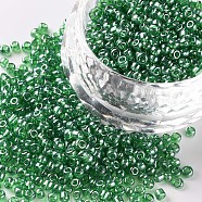 Glass Seed Beads, Trans. Colours Lustered, Round, Dark Green, 2mm, Hole: 1mm, 30000pcs/pound(SEED-A006-2mm-107B)