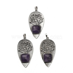 Natural Amethyst Square Big Pendants, Rack Plating Antique Silver Plated Alloy Leaf Charms, Cadmium Free & Lead Free, 56.5x30x7mm, Hole: 6.5x5mm(G-F763-07AS-07)