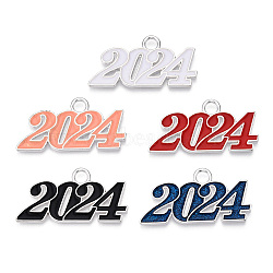 Alloy Enamel Pendants, New Year 2024 Charm, Silver, Mixed Color, 19x37x2mm, Hole: 3.5mm(PALLOY-ZX001-12S)