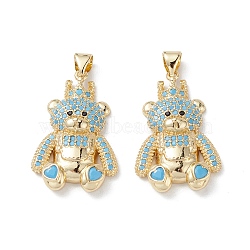Brass Micro Pave Cubic Zirconia Pendants, Real 16K Gold Plated, Bear Charms, Sky Blue, 28x18x5.5mm, Hole: 5x3mm(KK-M240-17C)