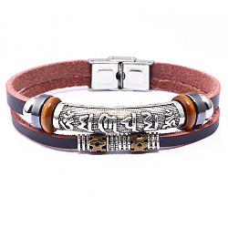 Leather Cord Multi-strand Bracelets, with Synthetic Hematite, Alloy Findings and Stainless Steel Clasps, Om Mani Padme Hum, Mixed Color, 8-1/2 inches(21.5cm)(BJEW-F352-13M)