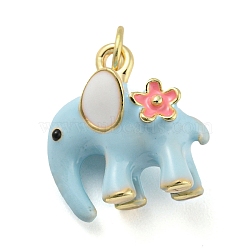 Elephant Rack Plating Brass Enamel Pendants, with Jump Ring, Long-Lasting Plated, Cadmium Free & Lead Free, Real 18K Gold Plated, Light Blue, 15x14.5x9.5mm, Hole: 3.8mm(KK-Q804-16G)