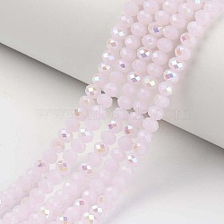 Electroplate Glass Beads Strands, Imitation Jade Beads, Half Plated, Rainbow Plated, Faceted, Rondelle, Pink, 2x1.5mm, Hole: 0.4mm, about 195pcs/strand, 11 inch(27.5cm)(EGLA-A034-J1mm-L05)