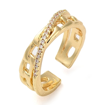 Rack Plating Brass Micro Pave Cubic Zirconia Open Cuff Rings, Real 18K Gold Plated, None, Adjustable