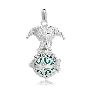 Silver Color Plated Brass Hollow Round Cage Pendants, with No Hole Spray Painted Brass Beads, Sea Green, 47x30x21mm, Hole: 3x8mm