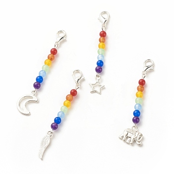Chakra Theme Natural & Dyed Malaysia Jade Beaded Pendant Decorations, with Lobster Claw Clasps, Alloy Pendants, Mixed Shapes, Mixed Color, 49~65mm