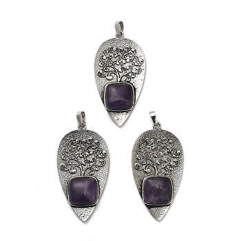 Natural Amethyst Square Big Pendants, Rack Plating Antique Silver Plated Alloy Leaf Charms, Cadmium Free & Lead Free, 56.5x30x7mm, Hole: 6.5x5mm