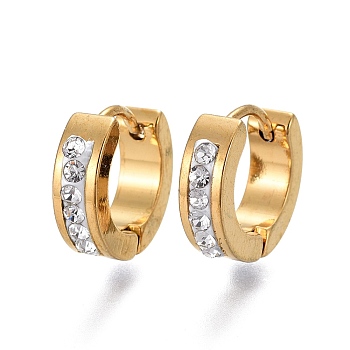 304 Stainless Steel Huggie Hoop Earrings, with Polymer Clay Rhinestone, Ring, Golden, Crystal, 12.5x13.5x4mm, Pin: 1.2mm