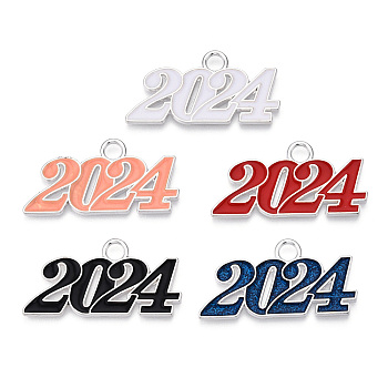Alloy Enamel Pendants, New Year 2024 Charm, Silver, Mixed Color, 19x37x2mm, Hole: 3.5mm