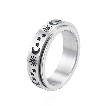 Sun Moon Star 201 Stainless Steel Rotating Finger Ring, Calming Worry Meditation Jewelry for Women, Stainless Steel Color, Inner Diameter: 17mm