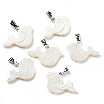 Natural Freshwater Shell Pendants, Whale Charms with Platinum Plated Alloy Snap on Bails, WhiteSmoke, 17x25x3mm, Hole: 5.5x2mm