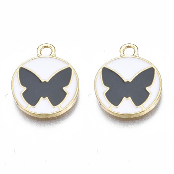 Alloy Enamel Pendants, Cadmium Free & Lead Free, Light Gold, Flat Round with Butterfly, Gray, 16x13.5x1.5mm, Hole: 1.8mm