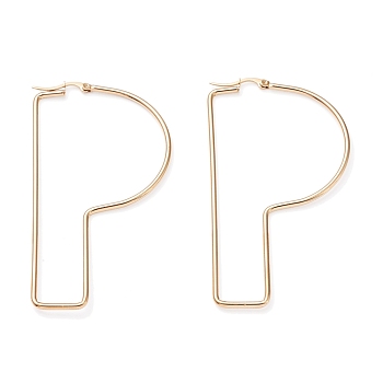 304 Stainless Steel Hoop Earrings, Golden, Letter.P, 77x42x2mm, 12 Gauge, Pin: 0.6x1.5mm