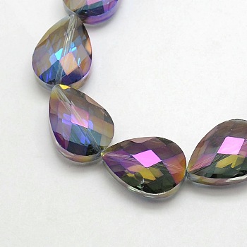 Electroplate Crystal Glass Teardrop Beads Strands, Faceted, Rainbow Color Plated, Medium Purple, 24x17x11mm, Hole: 1mm, about 30pcs/strand, 28.3 inch