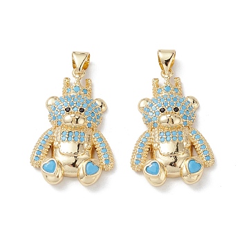Brass Micro Pave Cubic Zirconia Pendants, Real 16K Gold Plated, Bear Charms, Sky Blue, 28x18x5.5mm, Hole: 5x3mm