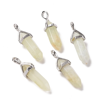 Natural New Jade Pendants, Faceted, with Platinum Tone Brass Findings, Lead free & Cadmium Free, Bullet, 27~30x9~10x7~8mm, Hole: 4x3mm